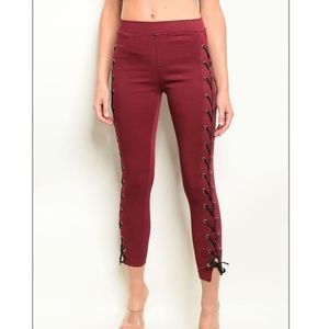 Red Burgundy Lace Up Cropped Pull On Leggings